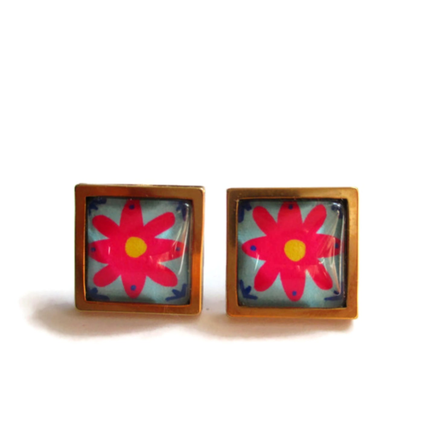 Square pink Floral Stud Earrings