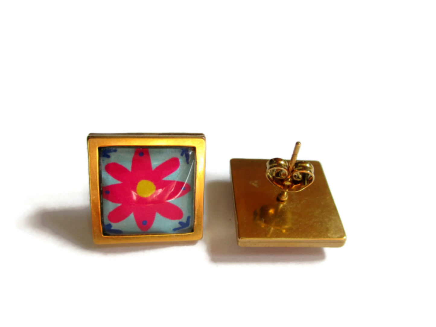 Square pink Floral Stud Earrings