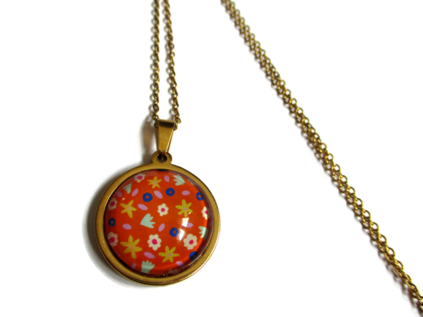 Orange FLORAL Necklace - Golden Stainless Steel Necklace 