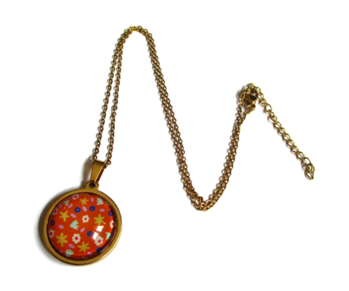 Orange FLORAL Necklace - Golden Stainless Steel Necklace 