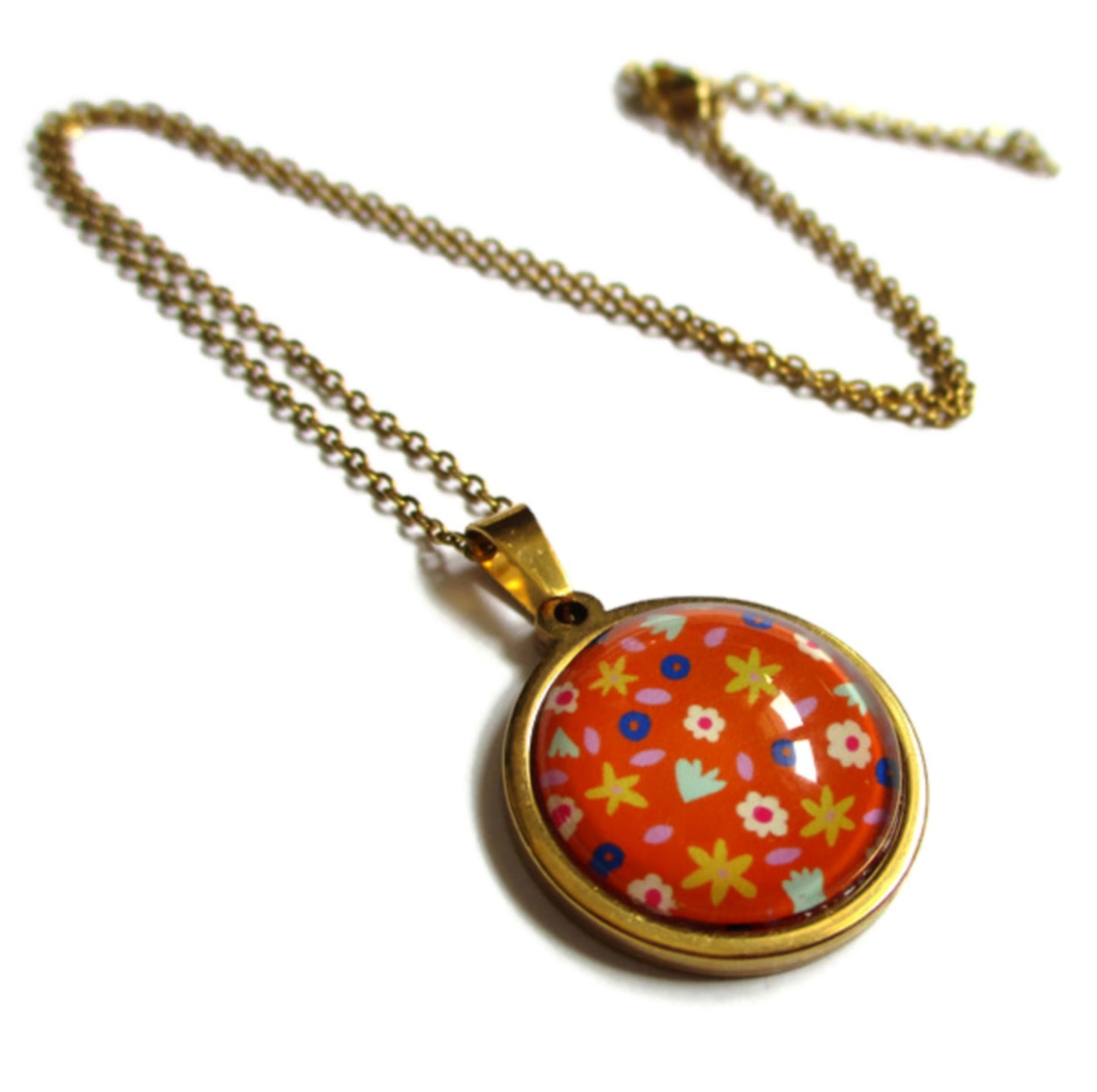 Collier petites fleurs oranges, Collier acier inoxydable doré