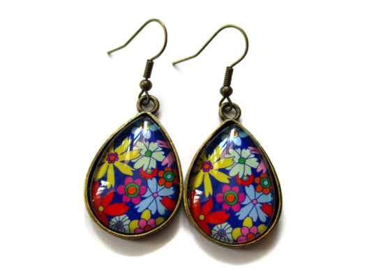 Blue and colorful flowers teardrop earrings 