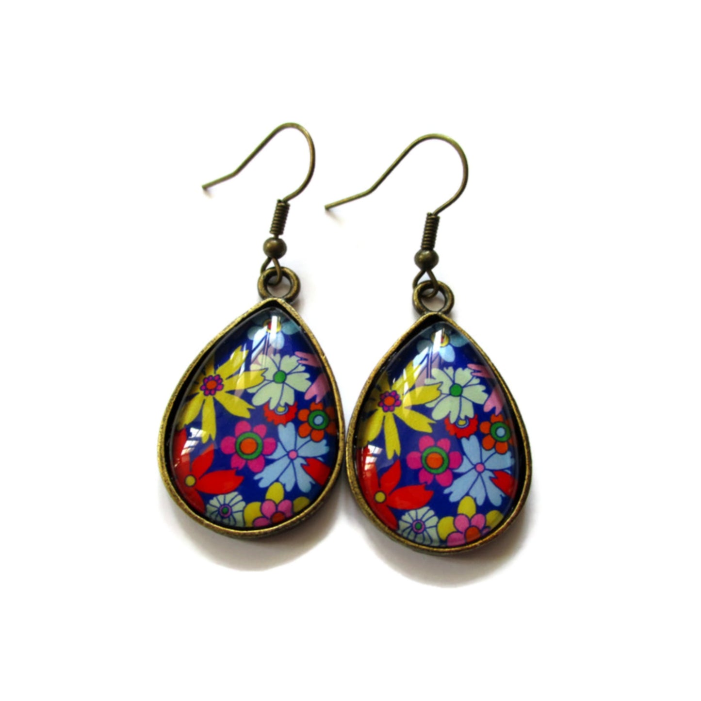 Blue and colorful flowers teardrop earrings 