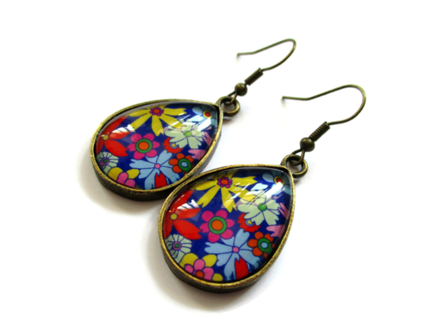 Blue and colorful flowers teardrop earrings 