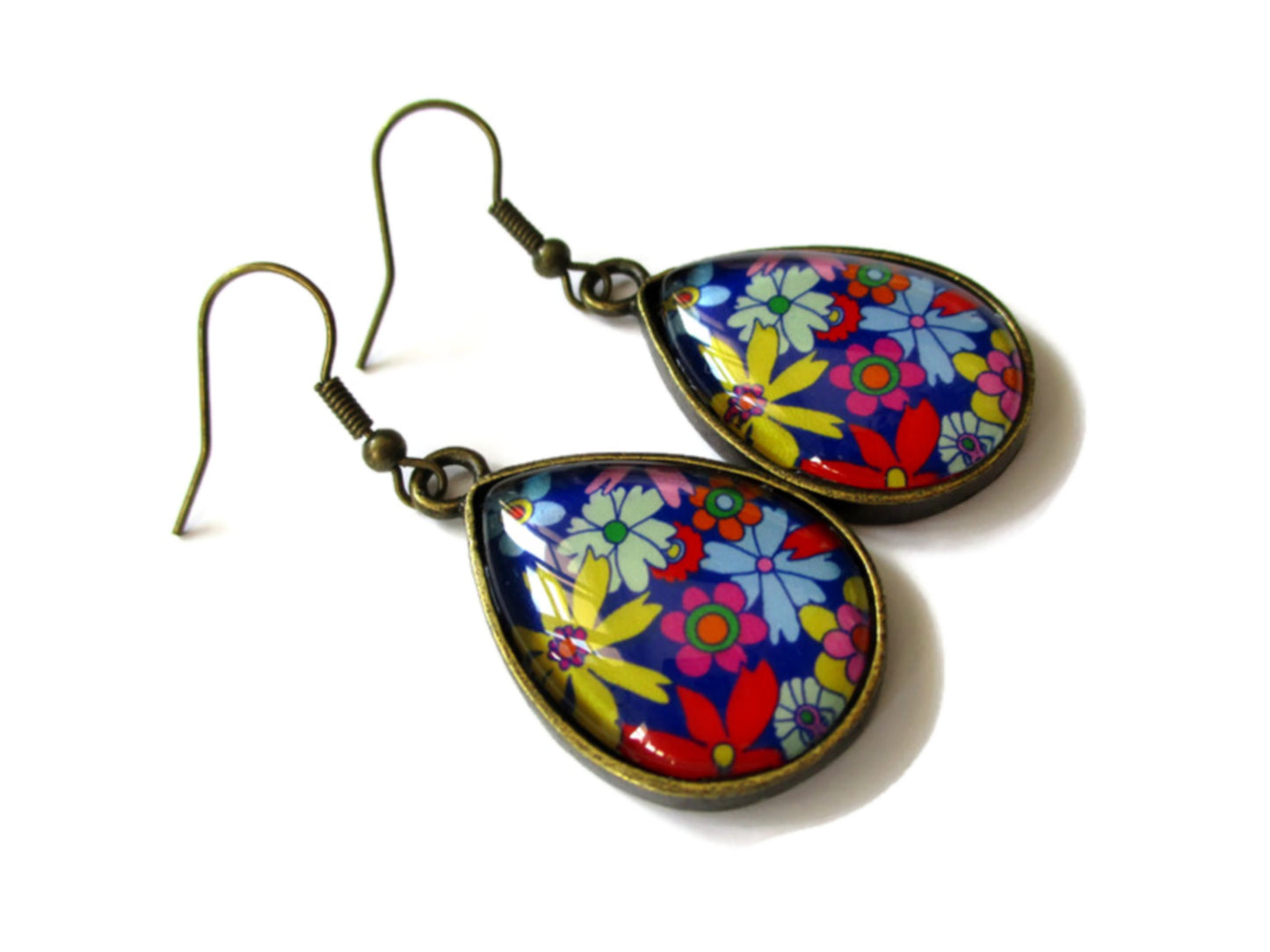 Blue and colorful flowers teardrop earrings 