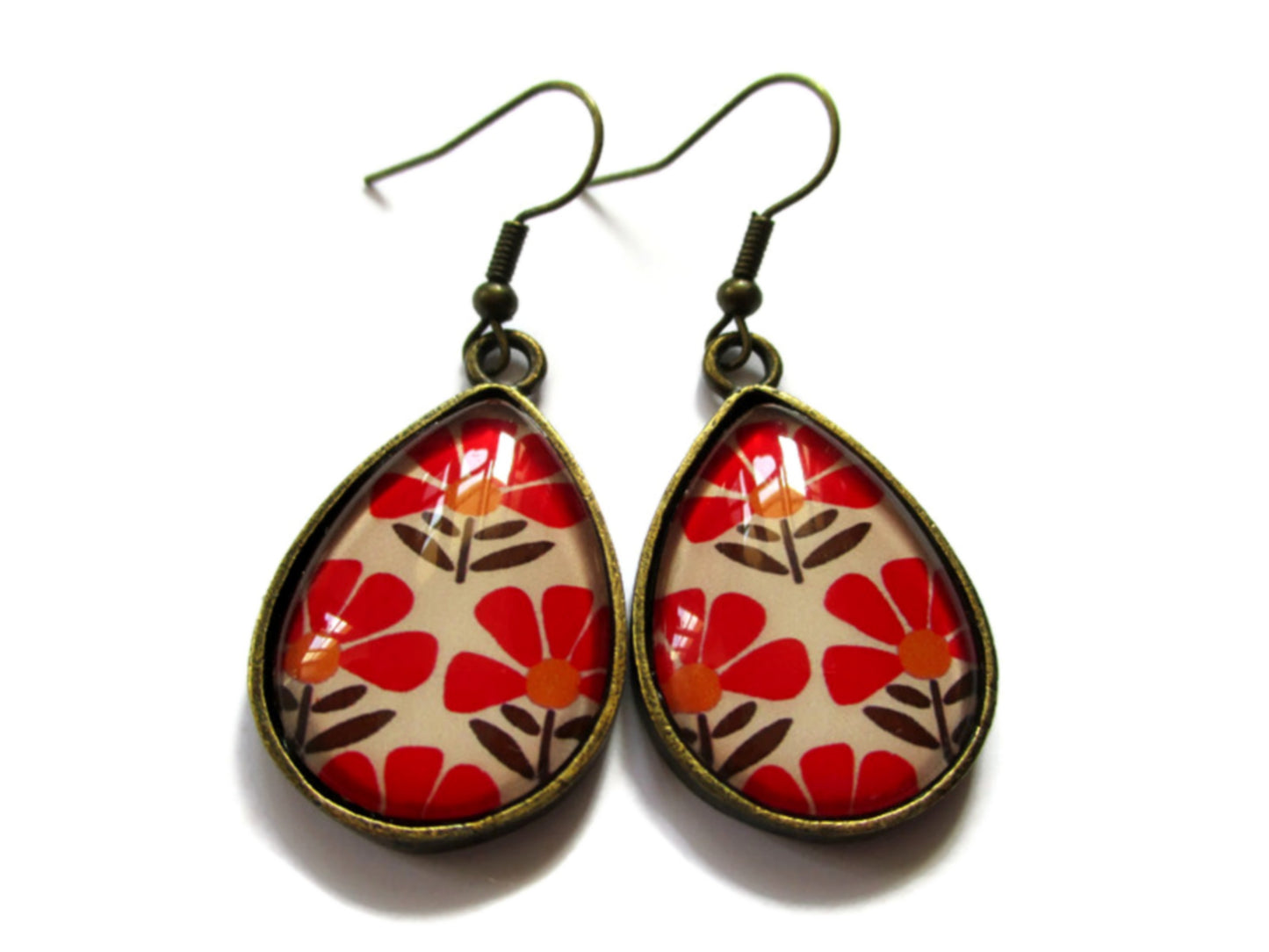 Beige and red Flowers Teardrop Earrings