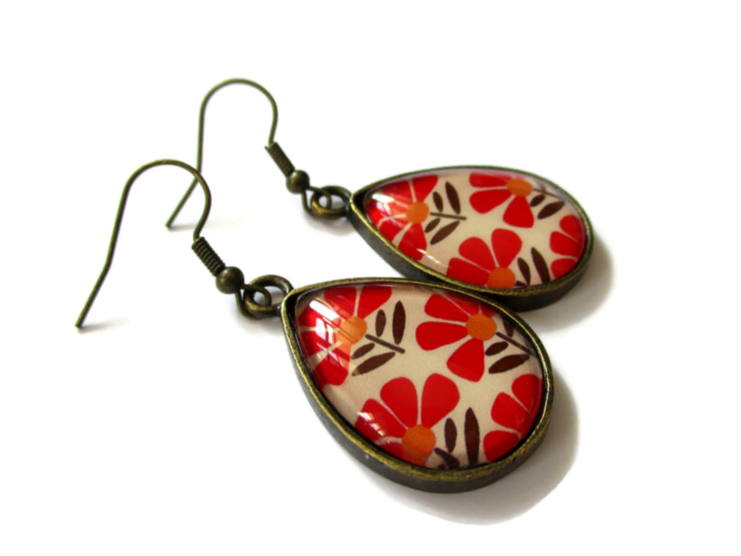 Beige and red Flowers Teardrop Earrings