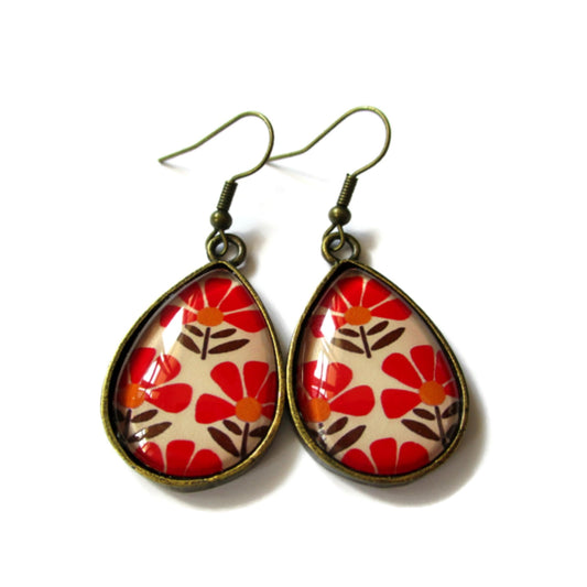 Beige and red Flowers Teardrop Earrings