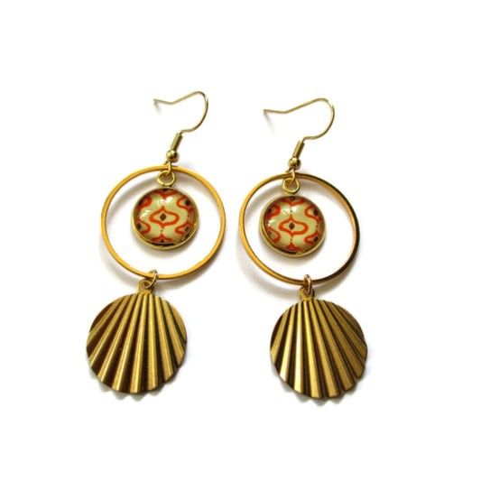 Boucles d'oreilles acier inoxydable doré, Boucles motif rétro 70's beige et orange, médaille dorée