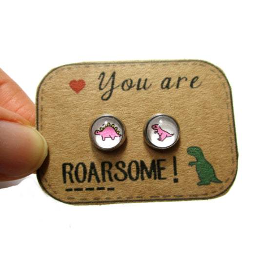 Puces d'Oreilles Enfant Dinosaures roses