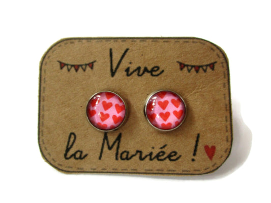 Red and Pink Heart Stud Earrings / "Vive la Mariée!" 