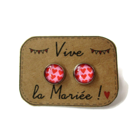 Red and Pink Heart Stud Earrings / "Vive la Mariée!" 