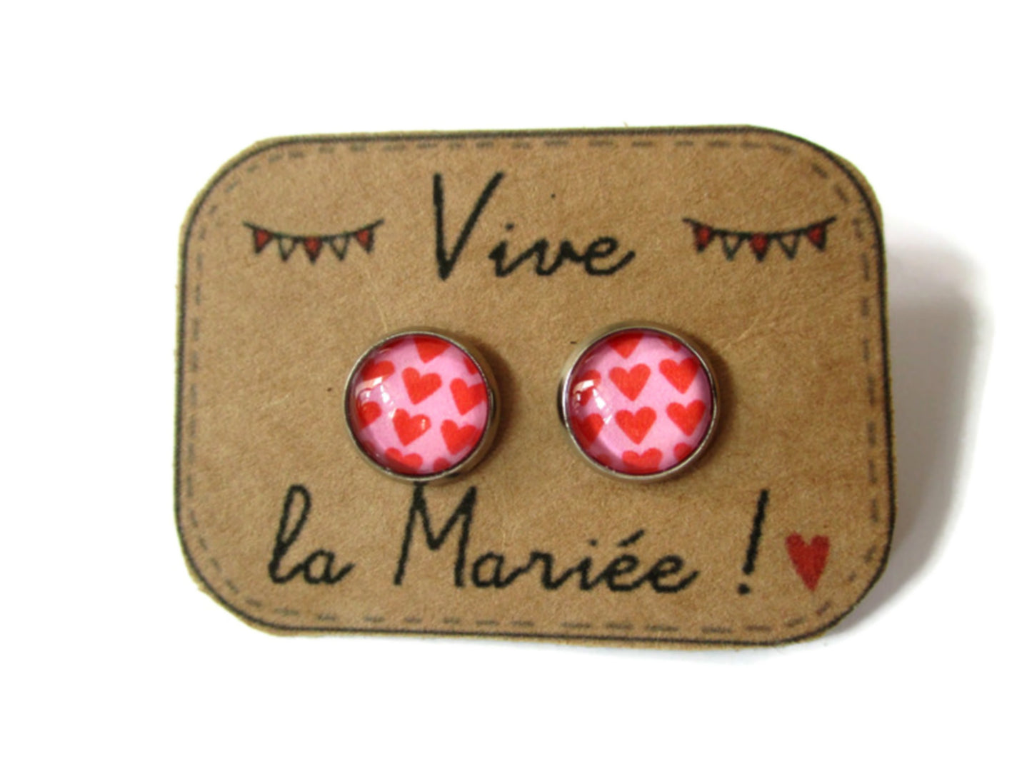 Red and Pink Heart Stud Earrings / "Vive la Mariée!" 