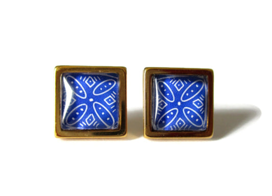 Blue Azulejos square stud earrings