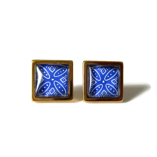 Blue Azulejos square stud earrings