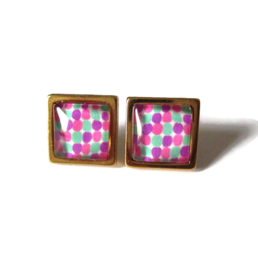 Colorful polka dots square stud earrings