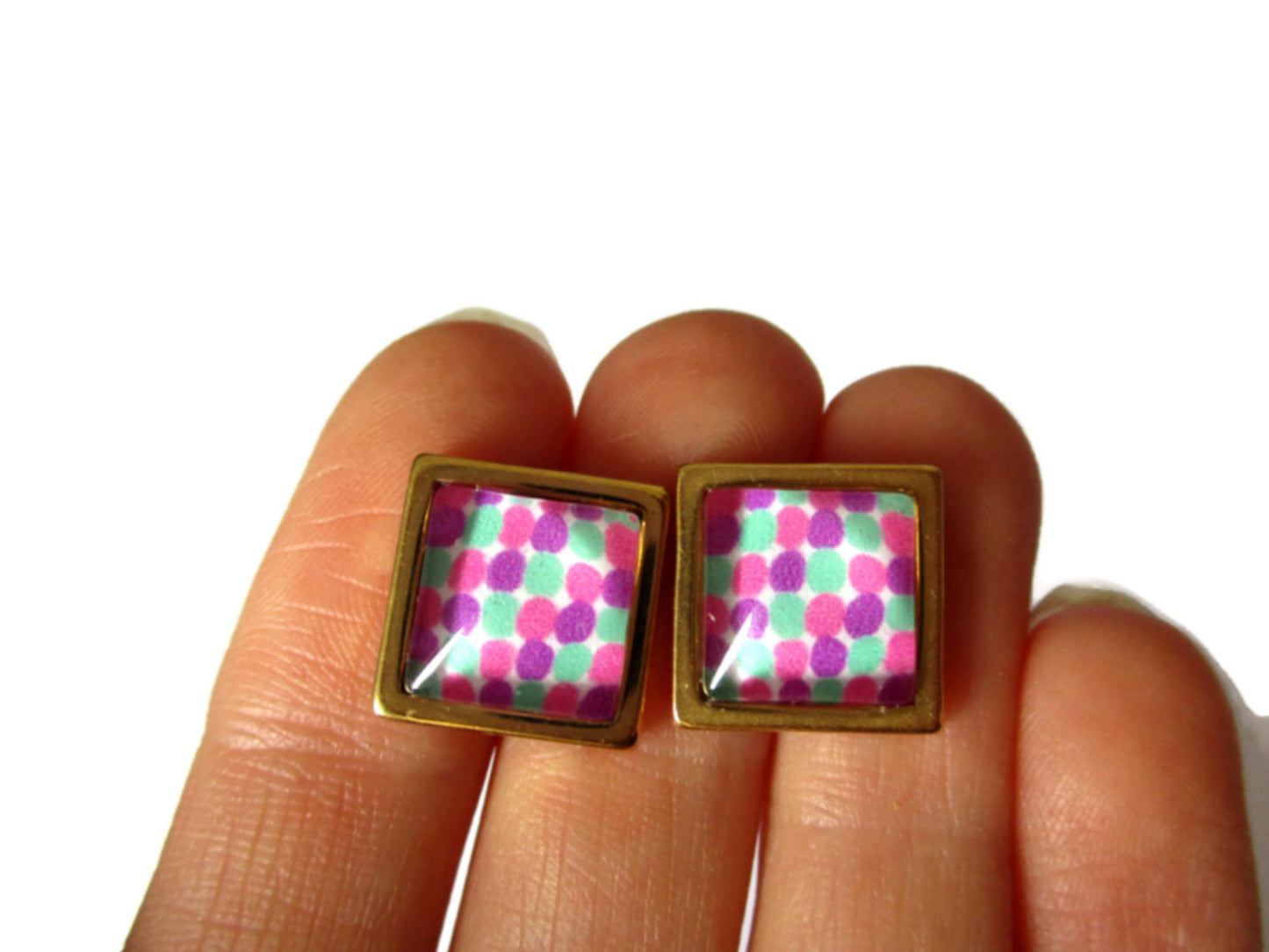 Colorful polka dots square stud earrings