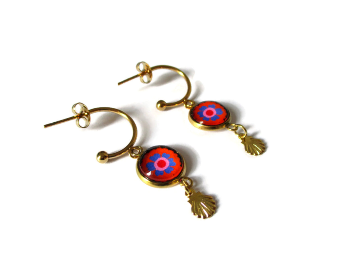 Orange and blue floral golden HOOP EARRINGS