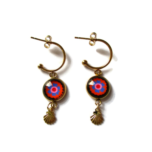 Orange and blue floral golden HOOP EARRINGS