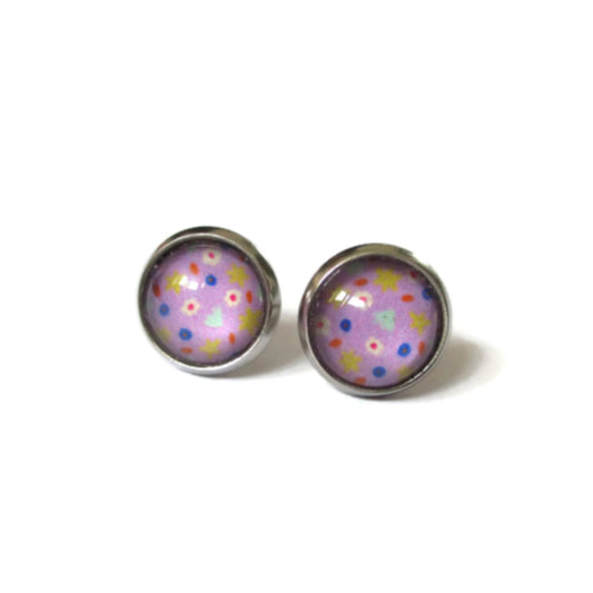 Puces d'Oreilles Enfant Fleurs multicolores sur fond violet