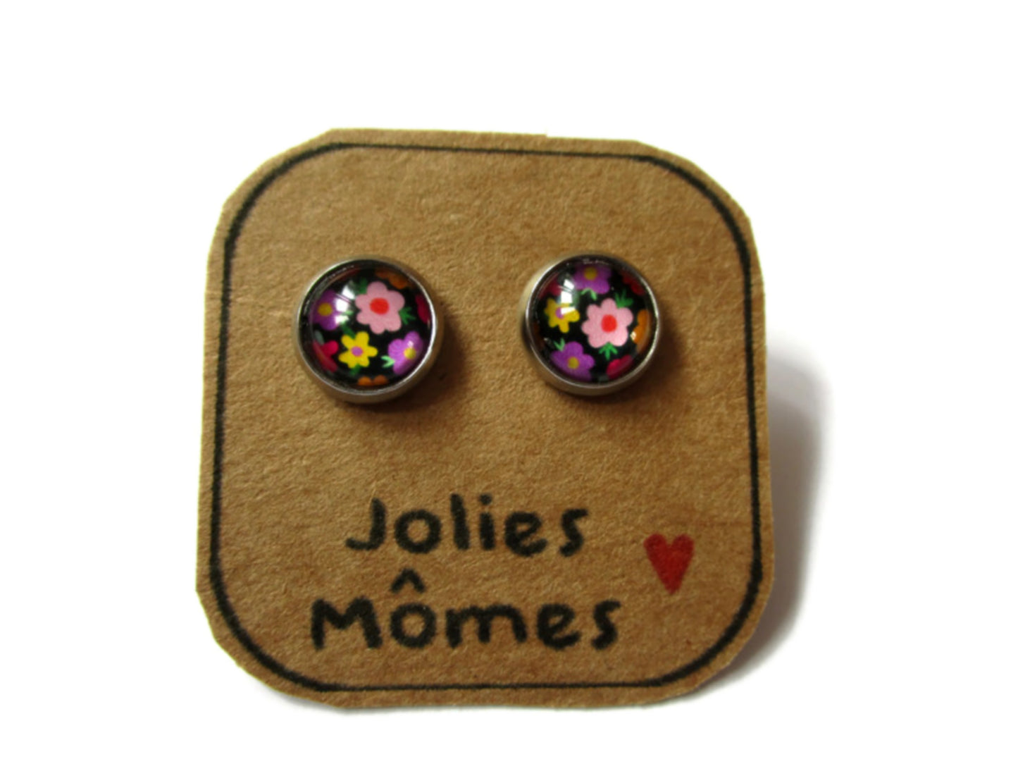 Puces d'Oreilles Enfant Fleurs Multicolores sur fond noir