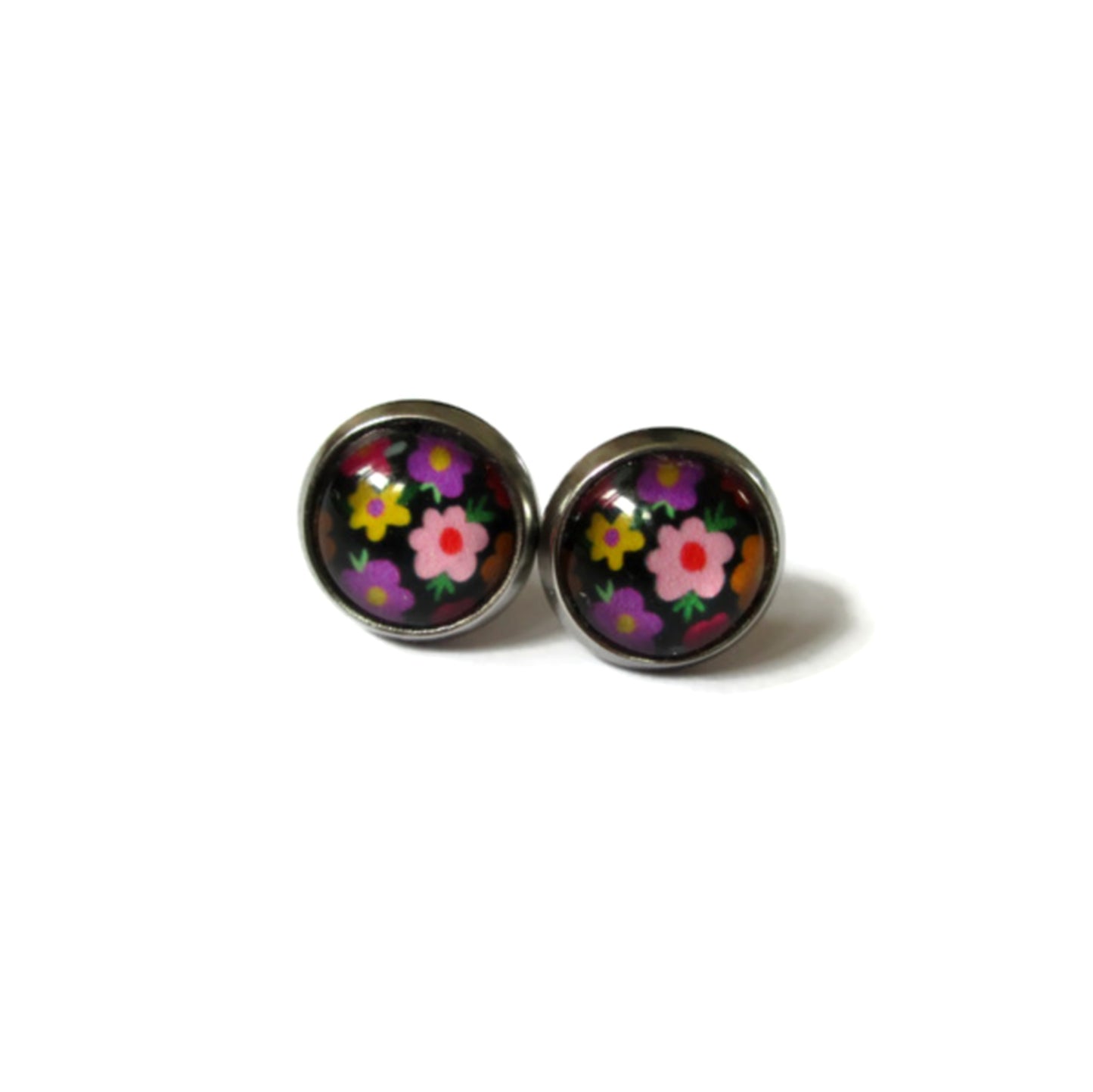 Puces d'Oreilles Enfant Fleurs Multicolores sur fond noir