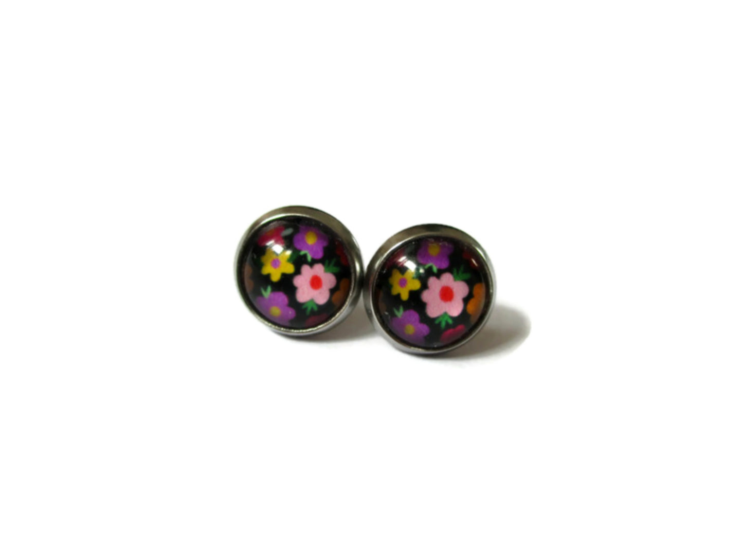 Puces d'Oreilles Enfant Fleurs Multicolores sur fond noir