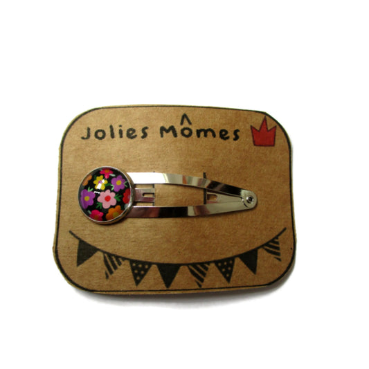 Barrette Enfant Fleurs Multicolores Rétro sur fond  Noir