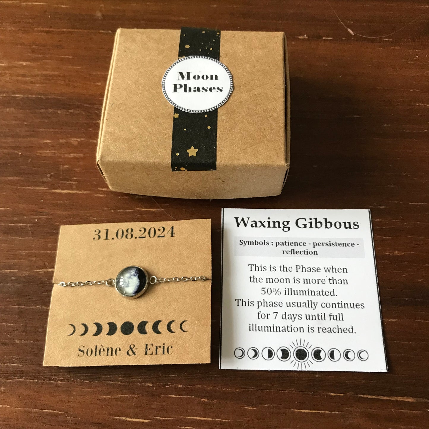 Bracelet phase de lune personnalisé, lune de naissance, bracelet personnalisé, bracelet lune, bijoux cadeau personnalisé,  acier inoxydable