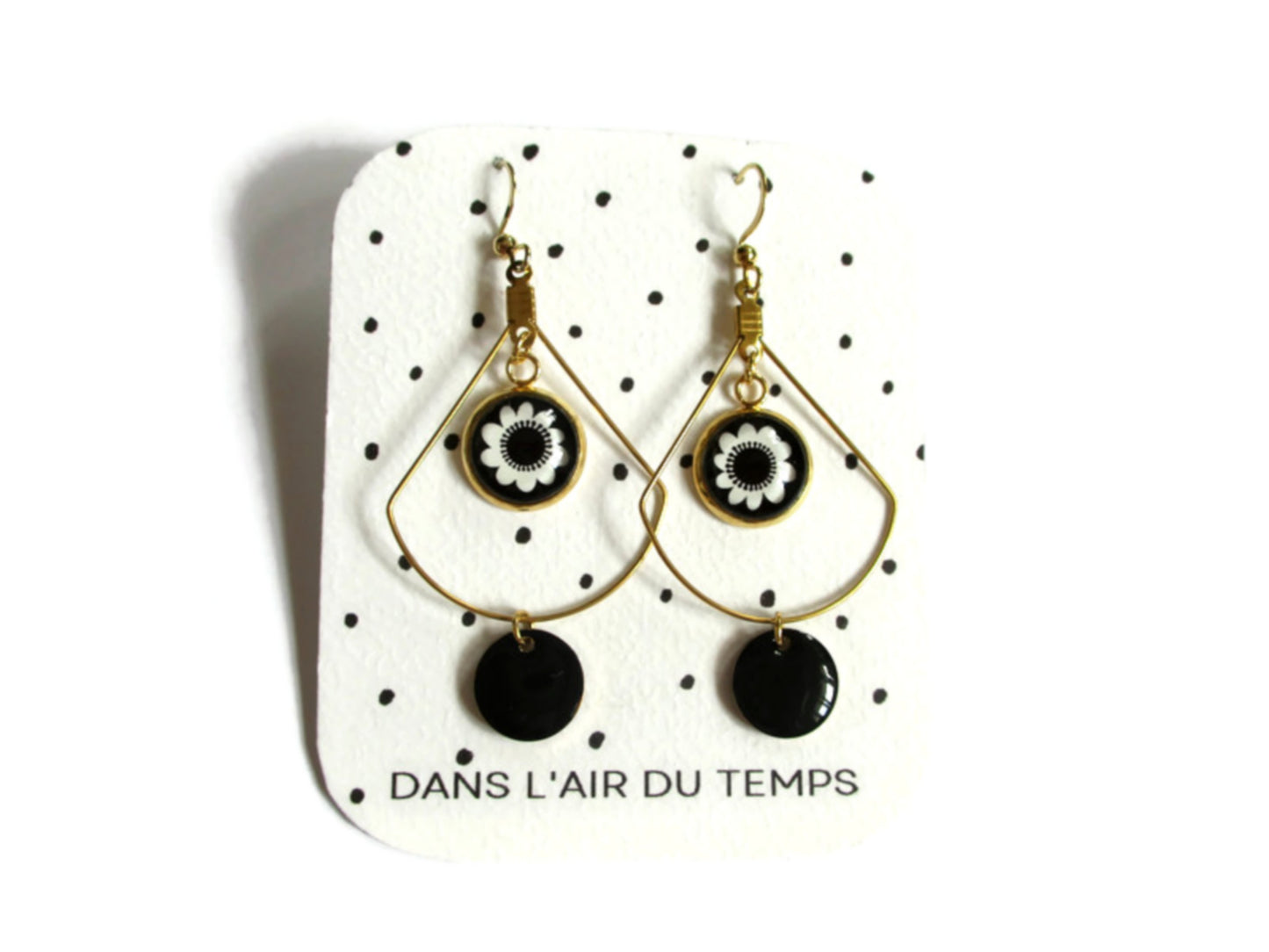 Boucles d'oreilles fleur noire et blanche pampille noire