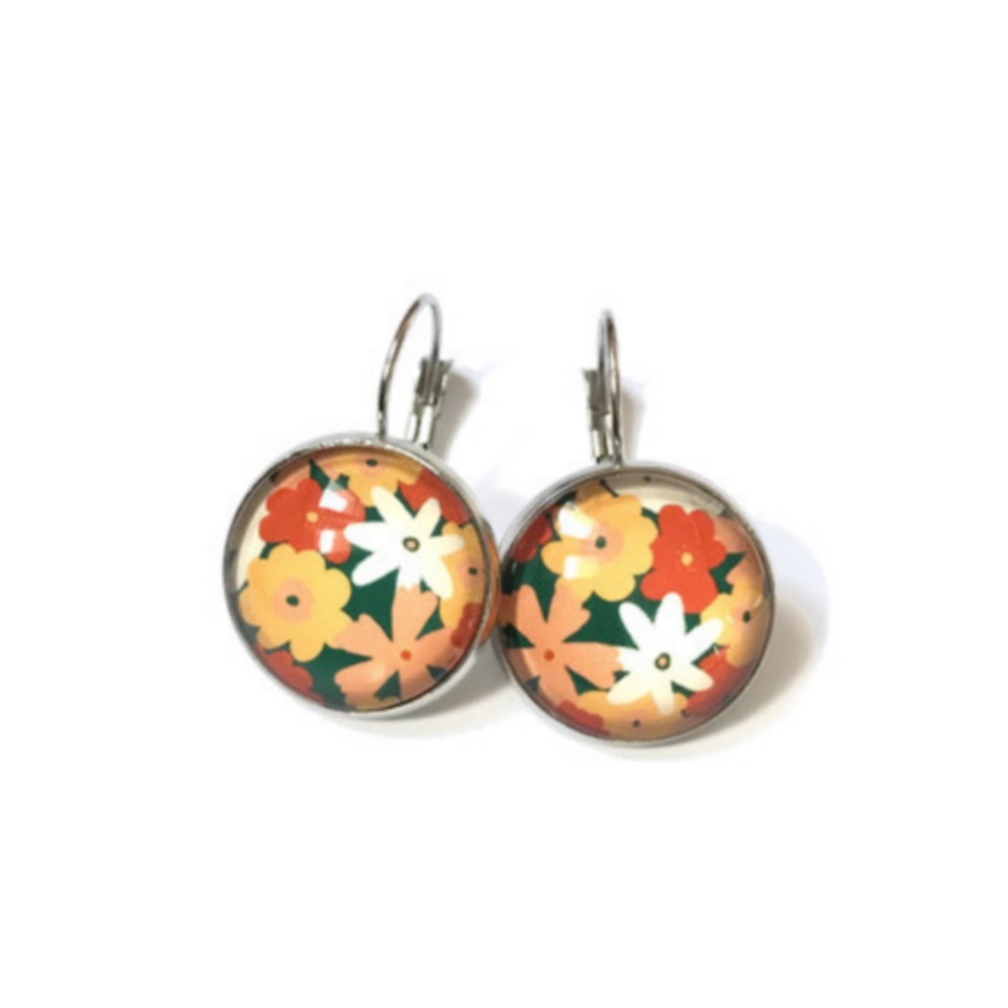 Boucles d'Oreilles Dormeuses Fleurs oranges sur fond vert