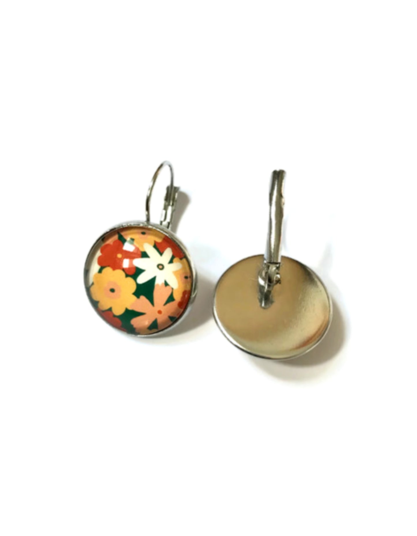 Boucles d'Oreilles Dormeuses Fleurs oranges sur fond vert