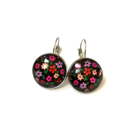 Black and Colorful flowers earrings 