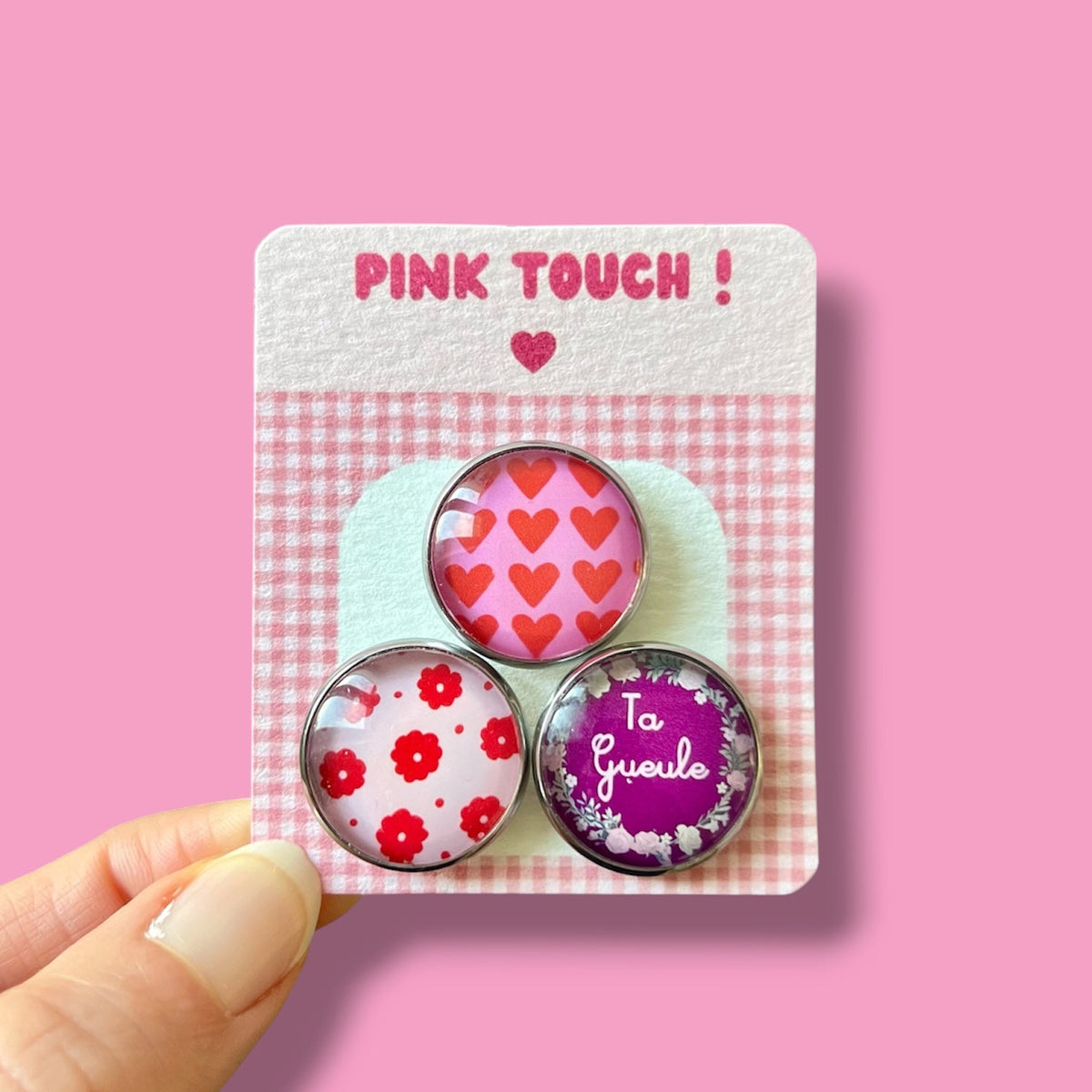 3 magnets puissants et colorés coeurs, fleurs, ta gueule, cabochon 20mm de diamètre