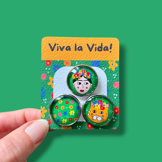 Lot 3 magnets puissants Viva la Vida inspiration Frida Kahlo et chat fleuri