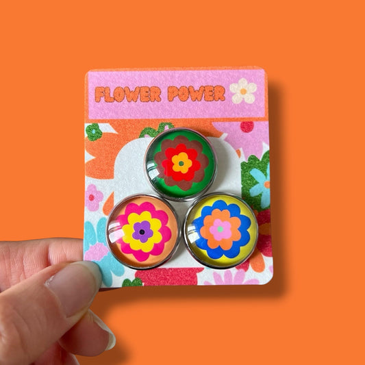 3 magnets puissants et colorés, fleurs multicolores style 70's, cabochon 20mm de diamètre