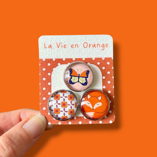 3 magnets puissants et colorés, tons oranges, renard, fleurs, papillon, cabochon 20mm de diamètre