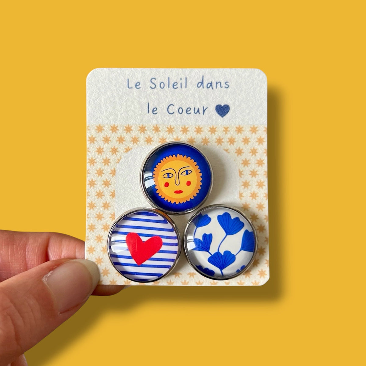 Lot de 3 magnets puissants Le Soleil dans le cœur motif soleil marinière et ginkgo biloba