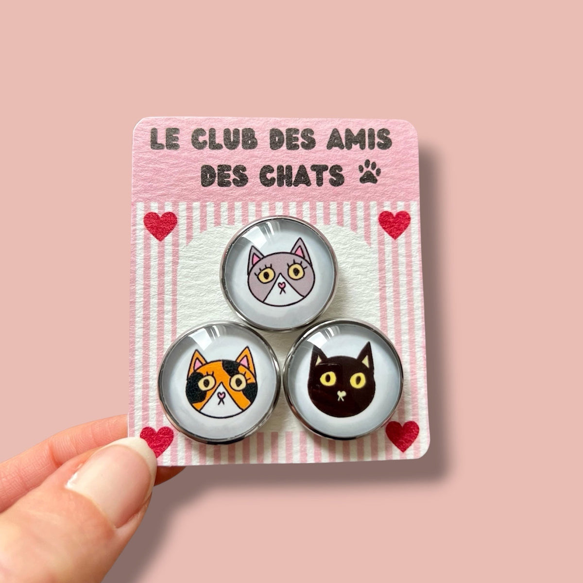 3 magnets puissants et colorés, chat noir,  chat gris et blanc, chat tricolore, cabochon 20mm de diamètre