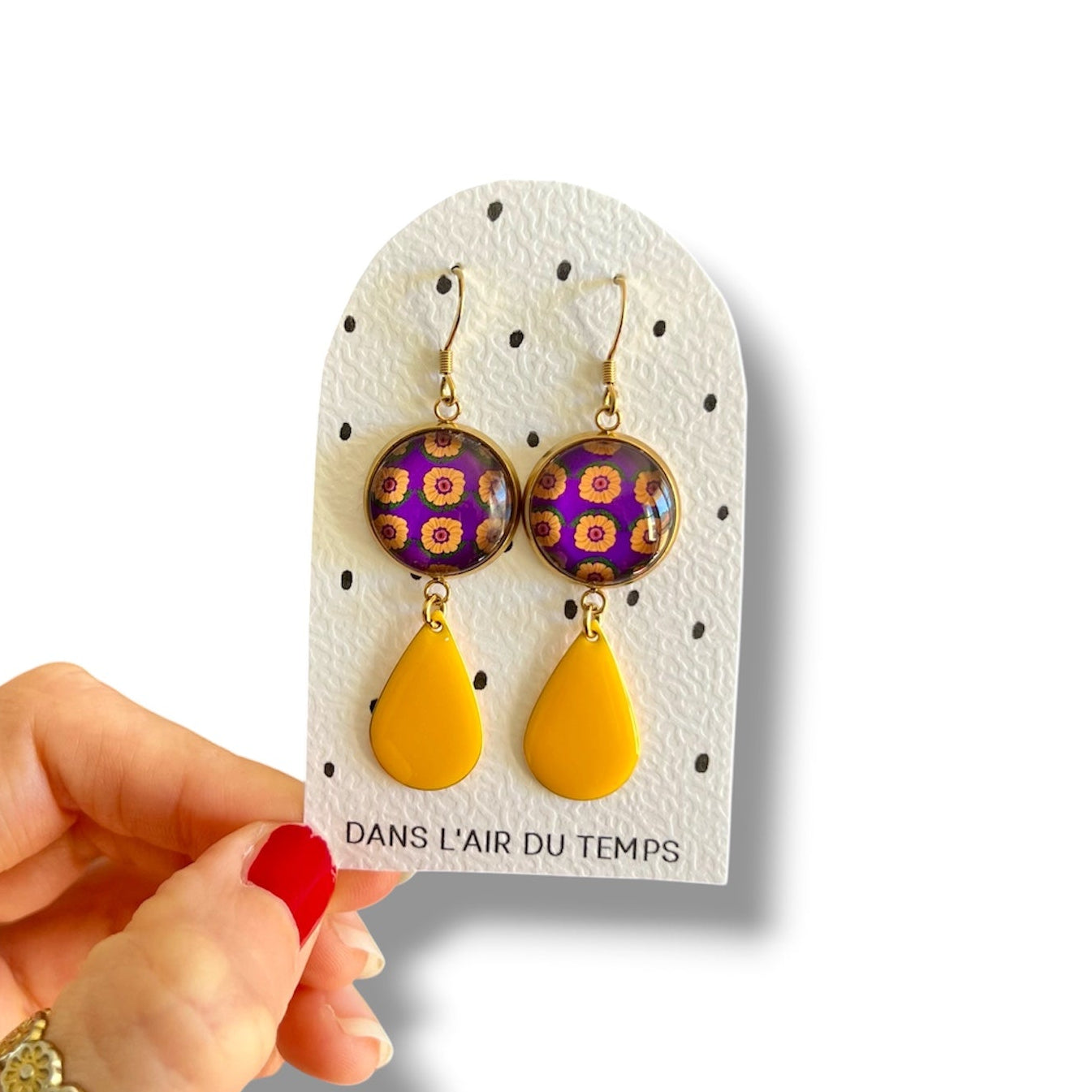 BOUCLES D'OREILLES pendantes Fleurs Violettes et jaunes finition dorée ou argentée