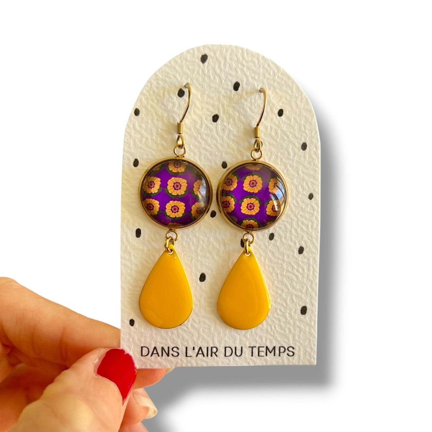 BOUCLES D'OREILLES pendantes Fleurs Violettes et jaunes finition dorée ou argentée