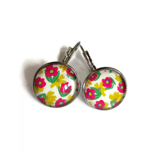 Boucles d'Oreilles Dormeuses Fleurs Jaunes et Roses