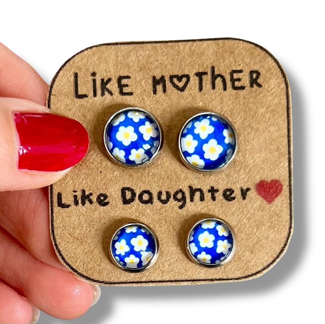 boucles d'oreilles duo maman fille fleurs bleues et blanches