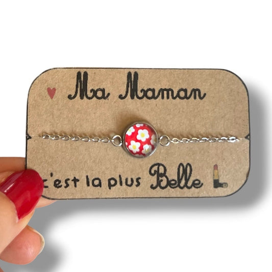 bracelet fleurs blanches fond rouge cadeau maman