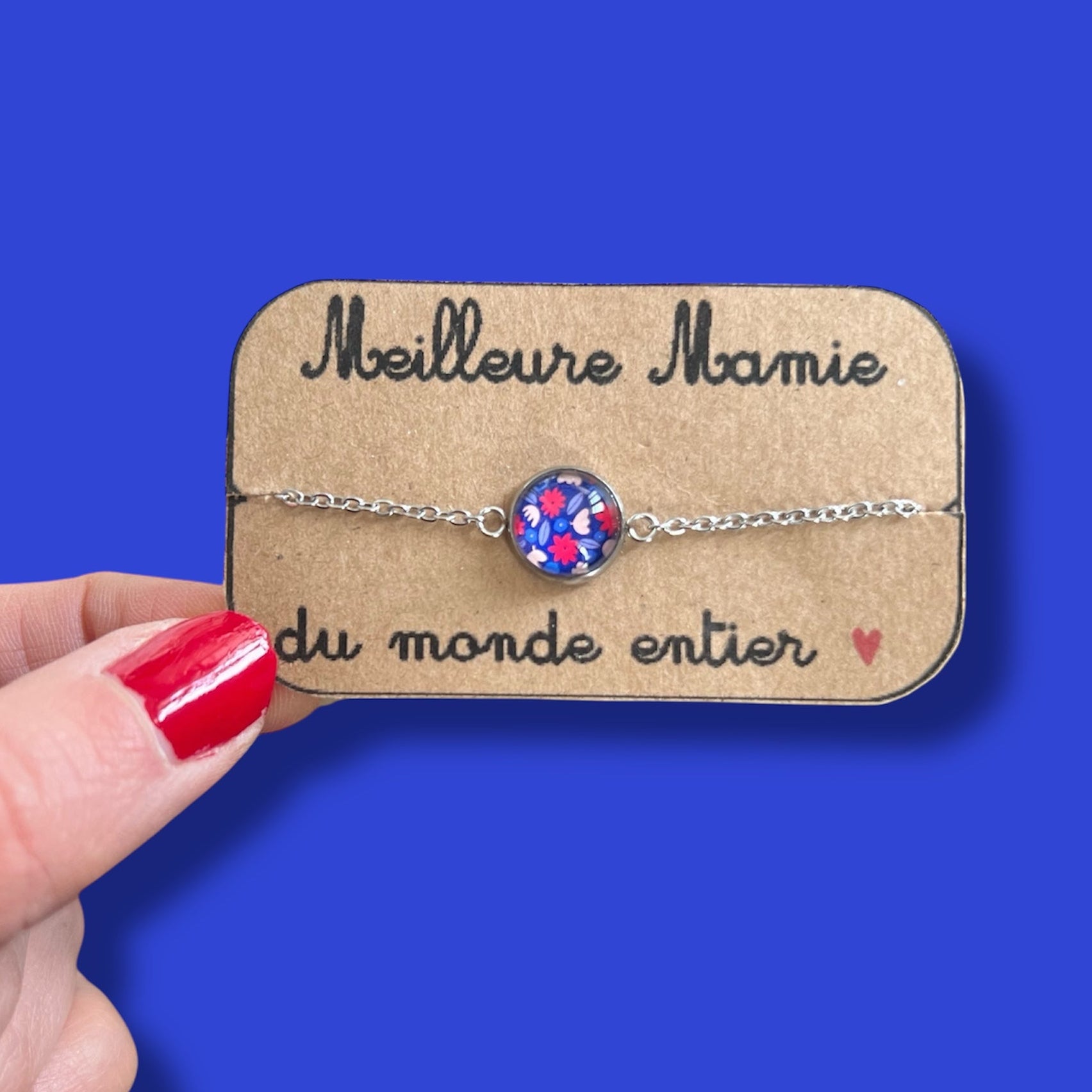 bracelet meilleure mamie fleurs bleues et rouges