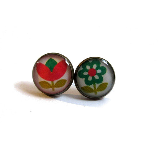 Pink And Green Vintage Flowers Stud Earrings