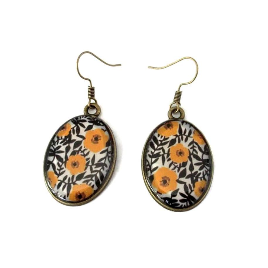 Yellow flowers oval earrings