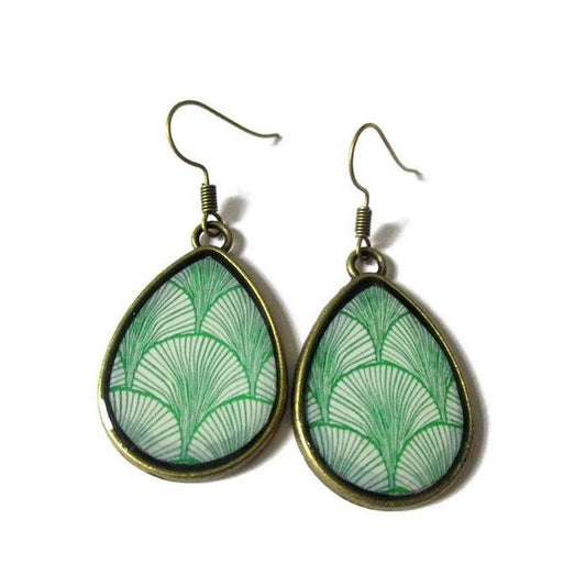 Green and white teardrop earrings