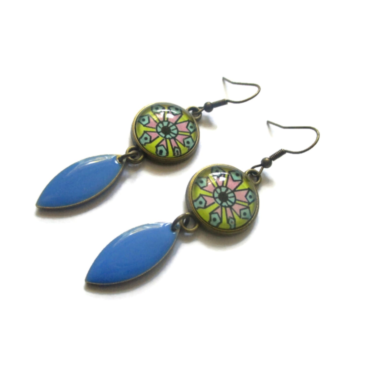 Pop colorful mandala earrings and blue enamel