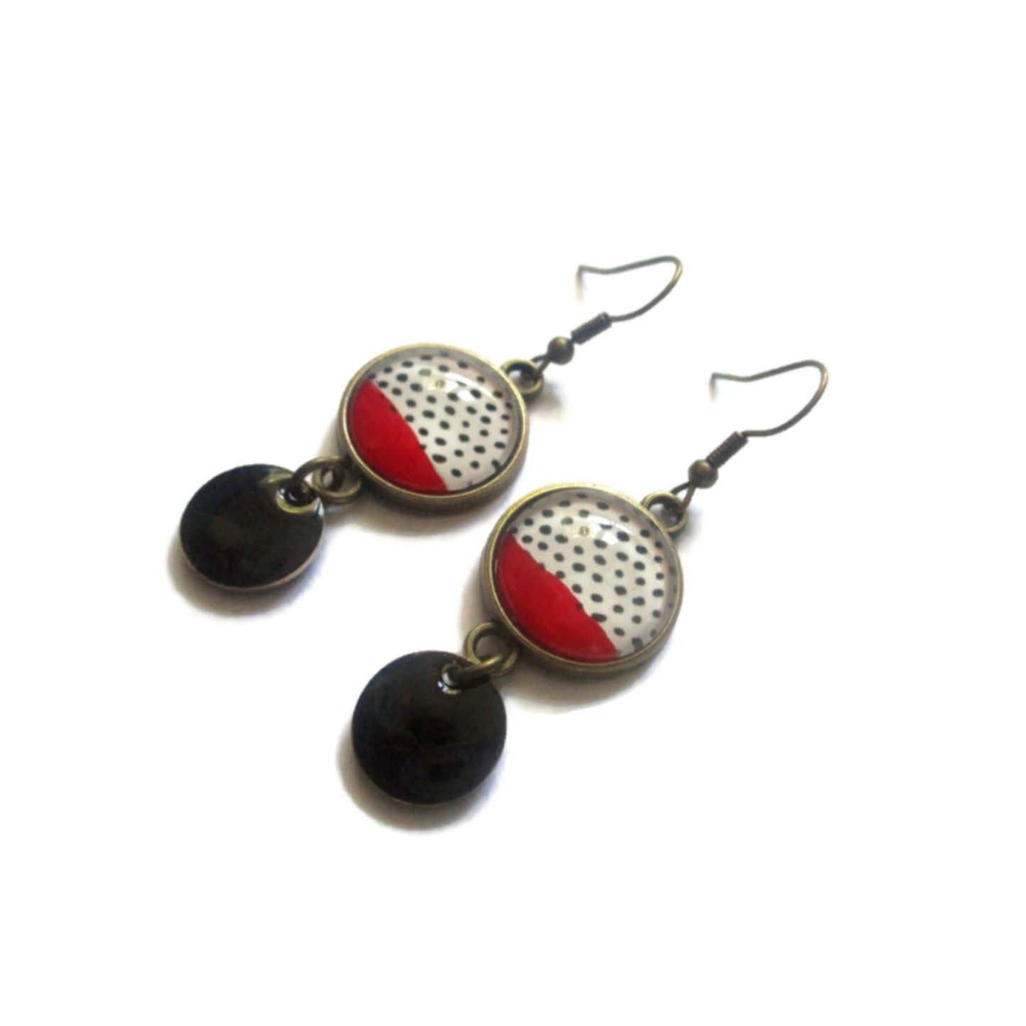 Boucles d'Oreilles Petits Pois Noirs et Blancs, Vernis Rouge, émail Noir